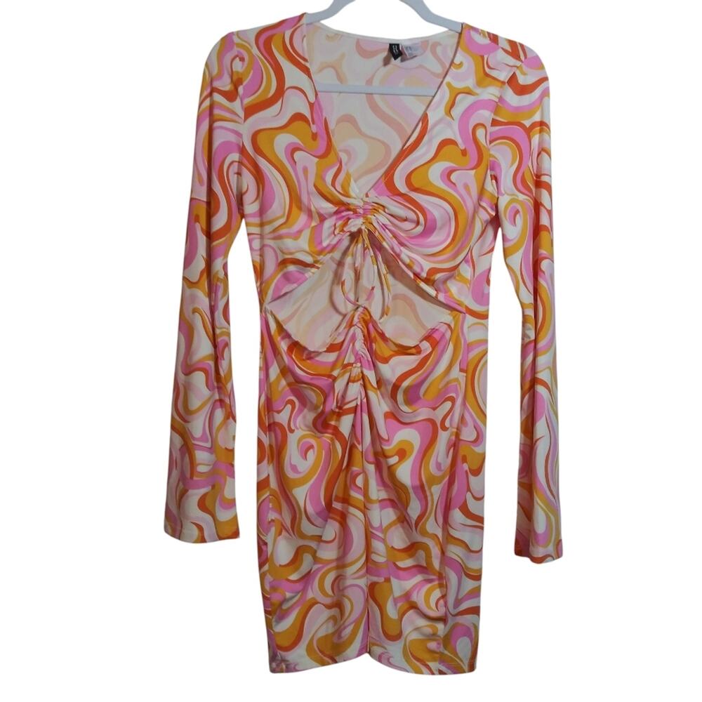 H&M Groovy 70s Vibrant Swirl Pattern Long Sleeve Retro Mini Dress Size M